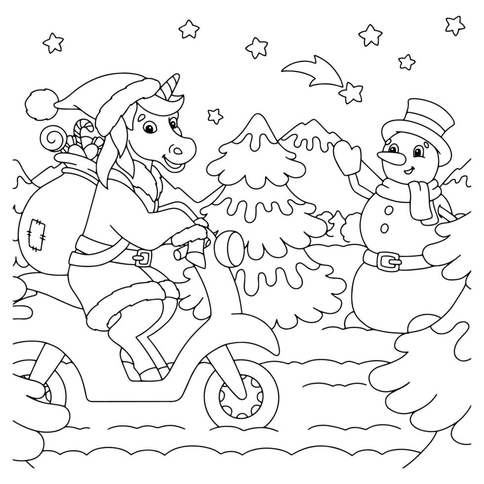 The unicorn rides a moped and carries gifts. Coloring book page for kids. Cartoon style character. Vector illustration isolated on white background.