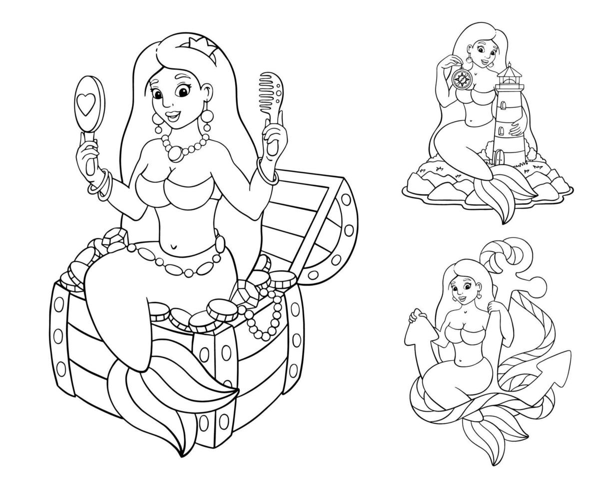 Set of cute mermaids. Coloring page for kids. Digital stamp. Cartoon style character. Vector illustration isolated on white background.