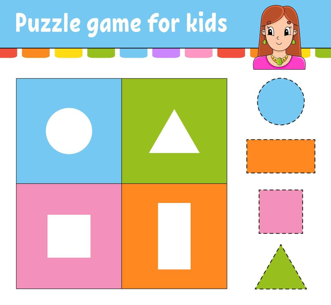 Puzzle game for kids. Cut and paste. Cutting practice. Learning shapes. Education worksheet. Circle, square, rectangle, triangle. Activity page. Cartoon character. vector