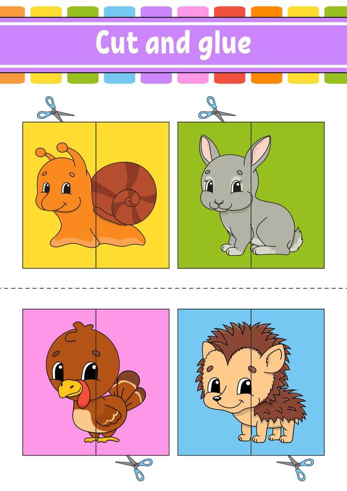 Cut and play. Paper game with glue. Flash cards. Education worksheet. Activity page. Funny character. Isolated vector illustration. cartoon style.