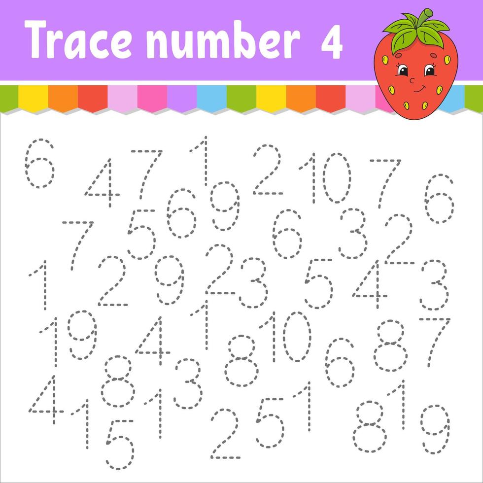 Trace number . Handwriting practice. Learning numbers for kids. Education developing worksheet. Activity page. Game for toddlers and preschoolers. Isolated vector illustration in cute cartoon style.