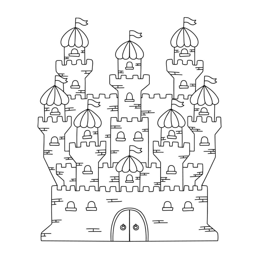 Fairytale castle. Coloring book page for kids. Vector illustration isolated on white background.