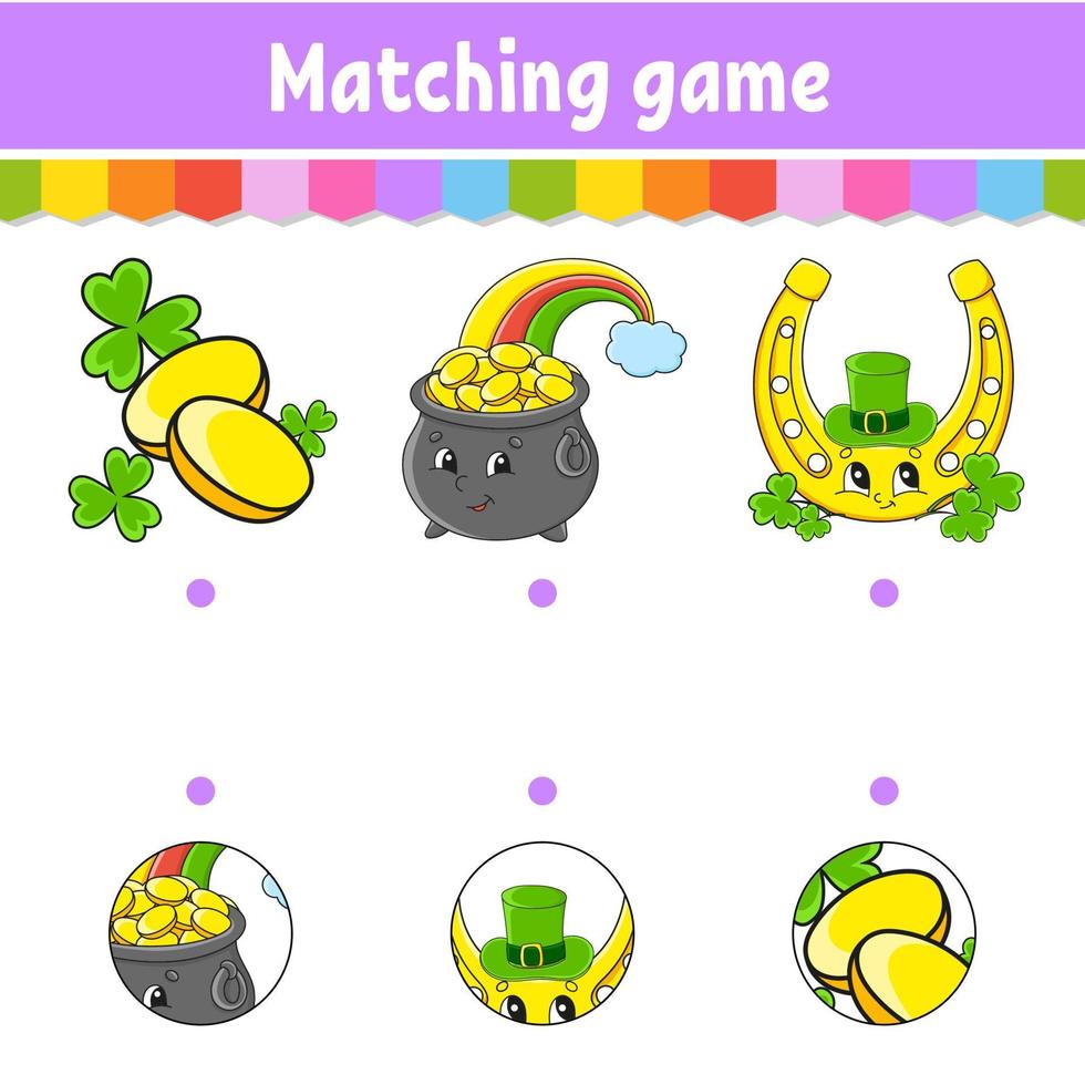 Matching game for kids. Education developing worksheet. Draw a line. Activity page. cartoon character. Vector illustration. St. Patrick's day.