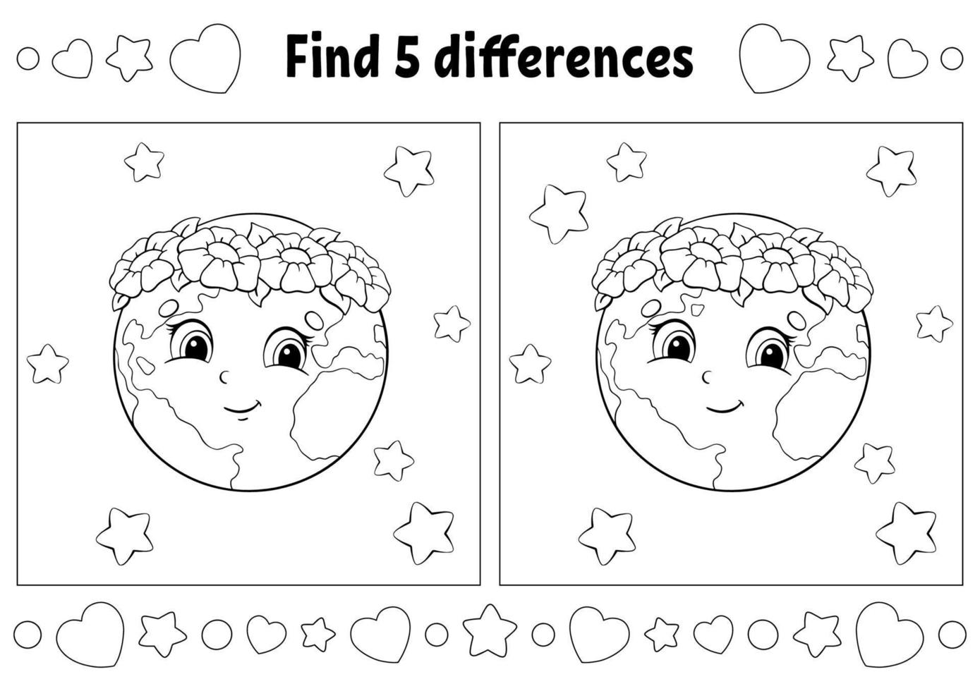 Find five differences. Coloring page for kids. Activity worksheet for