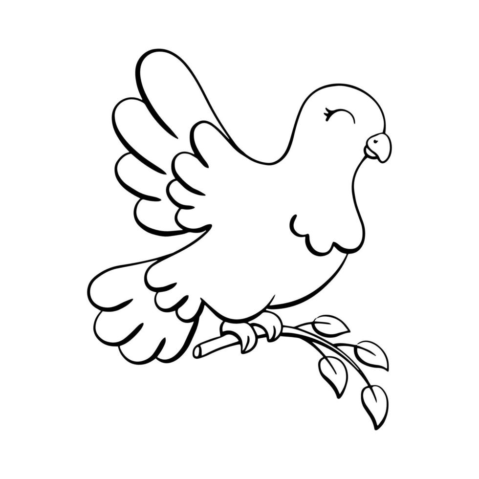 Dove is symbol peace and love. Coloring page for kids. Digital stamp. Cartoon style character. Vector illustration isolated on white background.