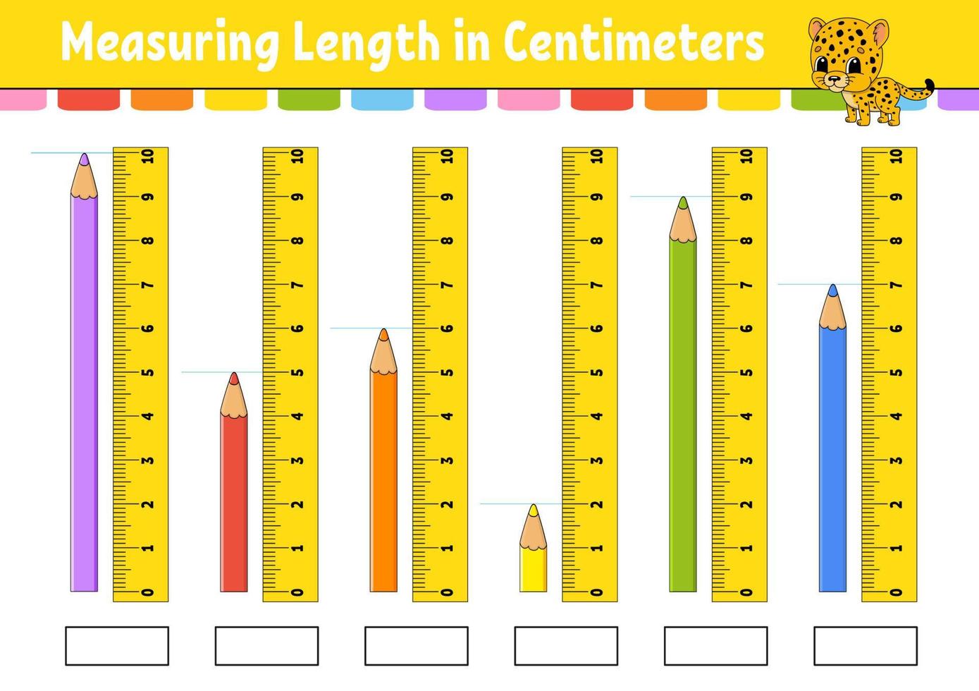 Measuring length in centimeter with ruler. Education developing