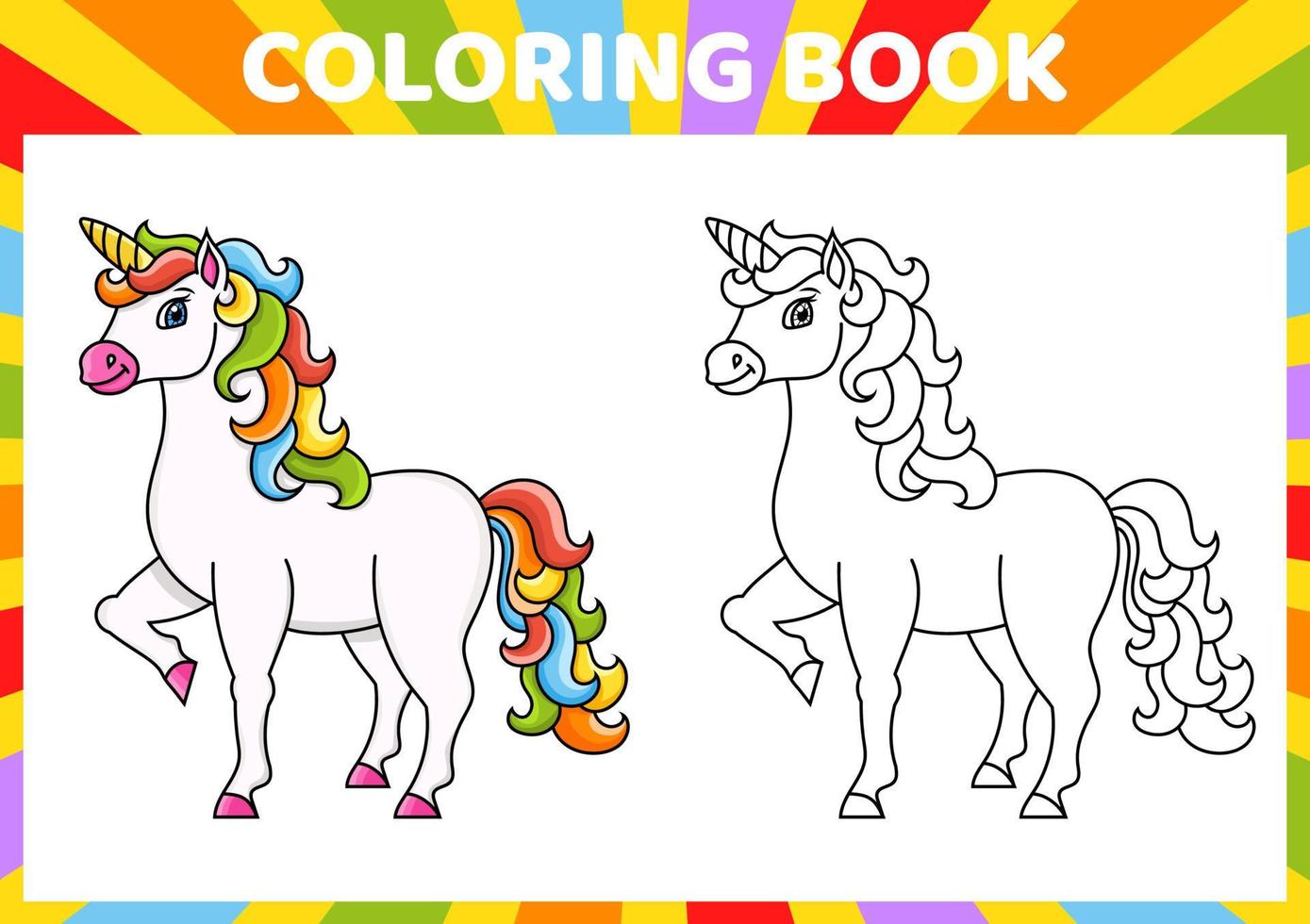 Cute unicorn. Magic fairy horse. Coloring book page for kids. Cartoon style. Vector illustration isolated on white background.