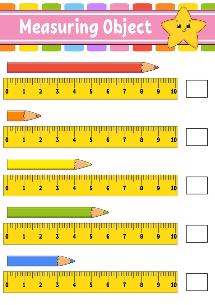 Measuring object with ruler. Education developing worksheet. Game for kids. Color activity page. Puzzle for children. Cute character. Vector illustration. cartoon style.