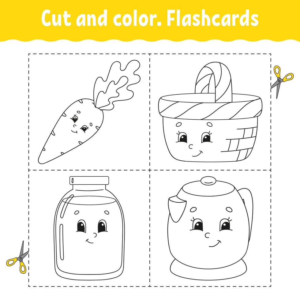Cut and color. Flashcard Set. Coloring book for kids. Cute cartoon character. Black contour silhouette. Isolated on white background. vector