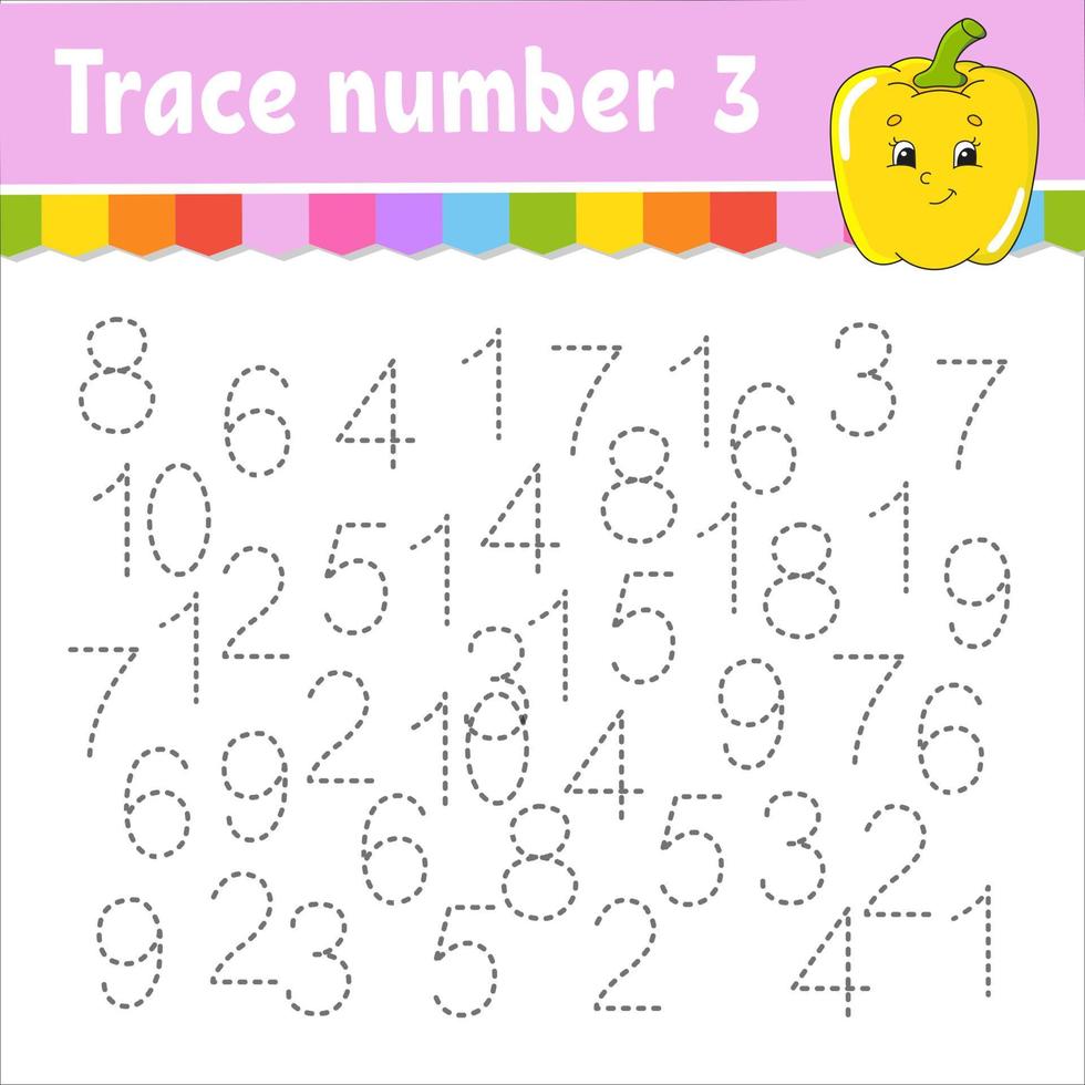 Trace number . Handwriting practice. Learning numbers for kids. Education developing worksheet. Activity page. Game for toddlers and preschoolers. Isolated vector illustration in cute cartoon style.