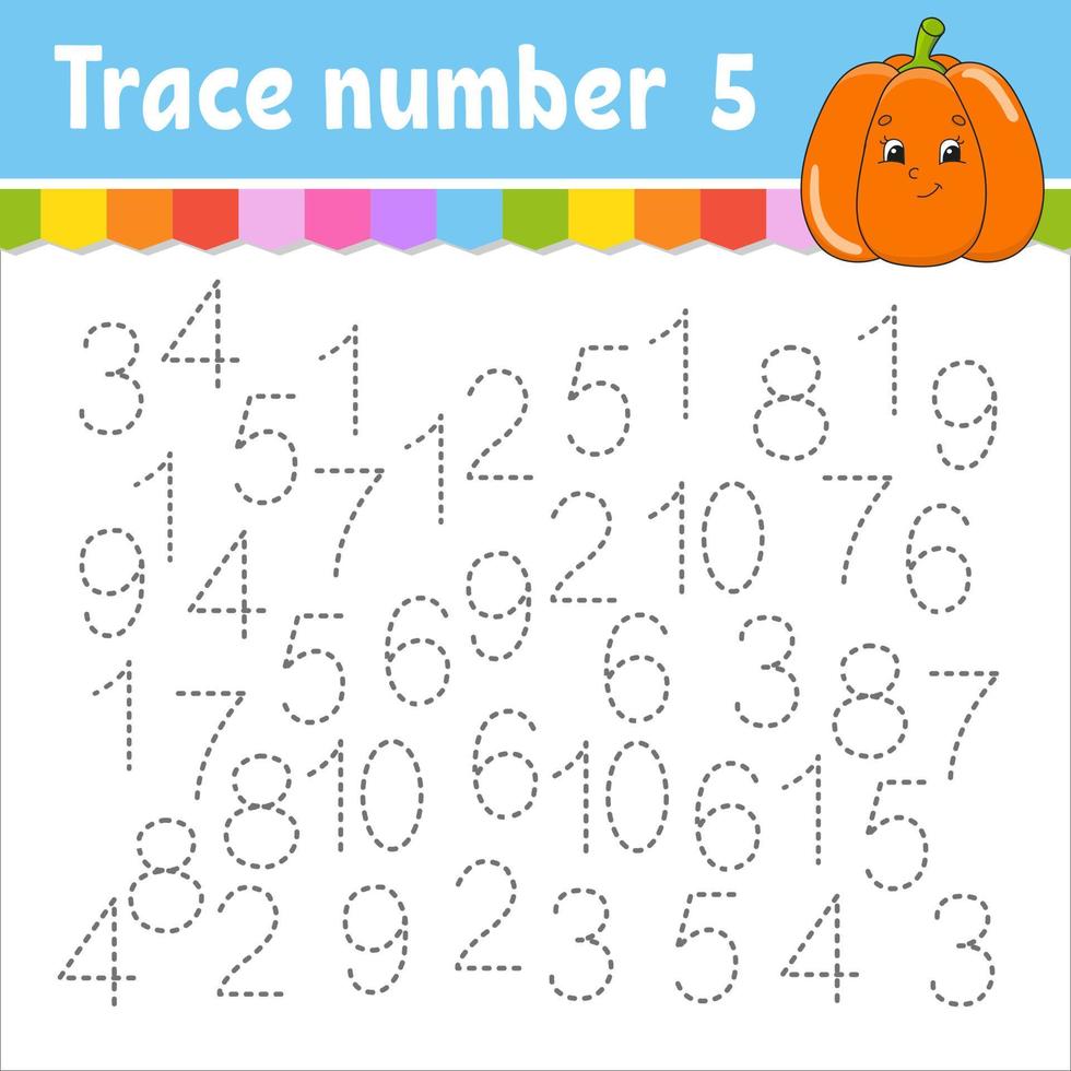 Trace number . Handwriting practice. Learning numbers for kids. Education developing worksheet. Activity page. Game for toddlers and preschoolers. Isolated vector illustration in cute cartoon style.