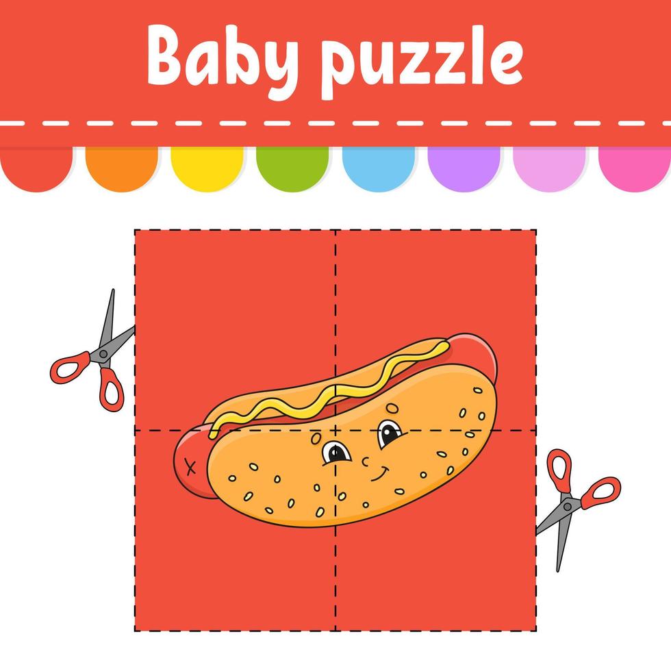 Baby puzzle. Easy level. Flash cards. Cut and play. Color activity worksheet. Game for children. cartoon character. vector