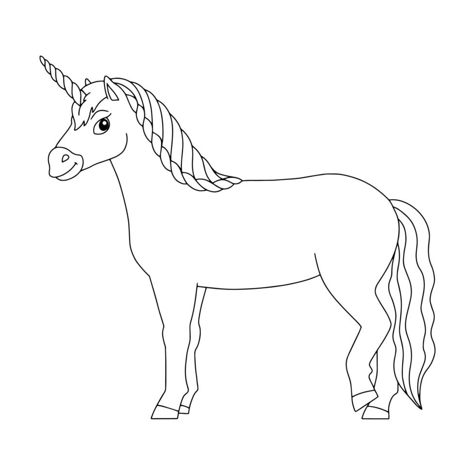 lindo unicornio. caballo de hadas mágico. página de libro para colorear para niños. estilo de dibujos animados. ilustración vectorial aislado sobre fondo blanco. vector