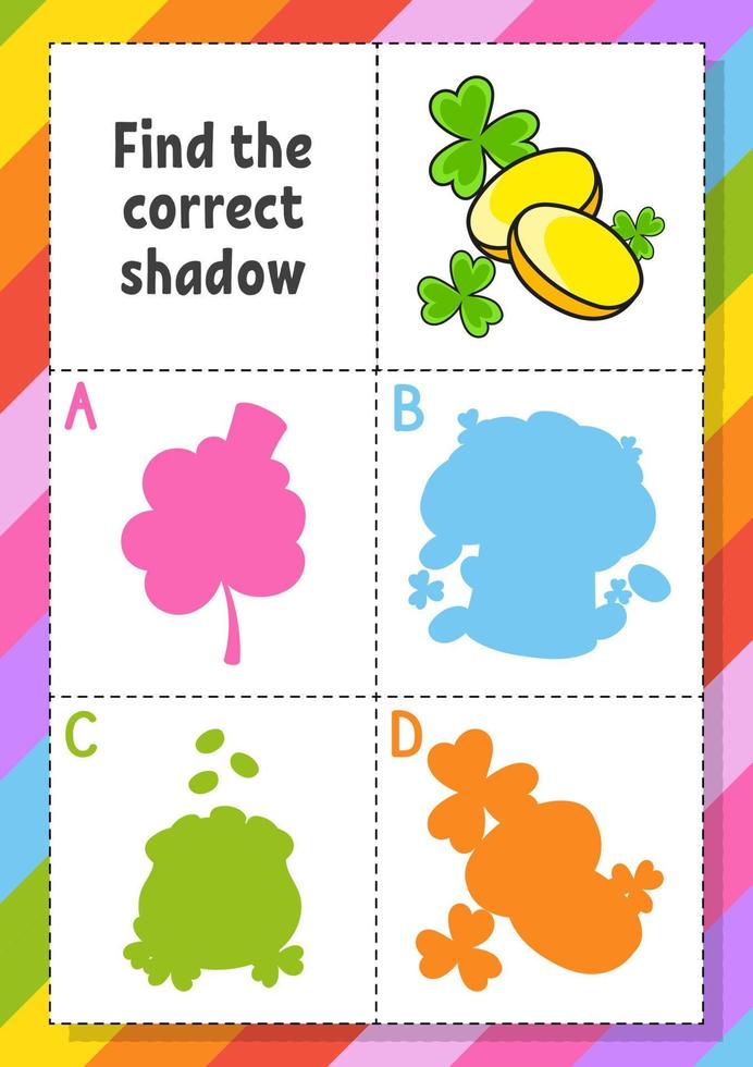 Find the correct shadow. Education developing worksheet for kids. Puzzle game. Activity page. cartoon character. Vector illustration. St. Patrick's day.