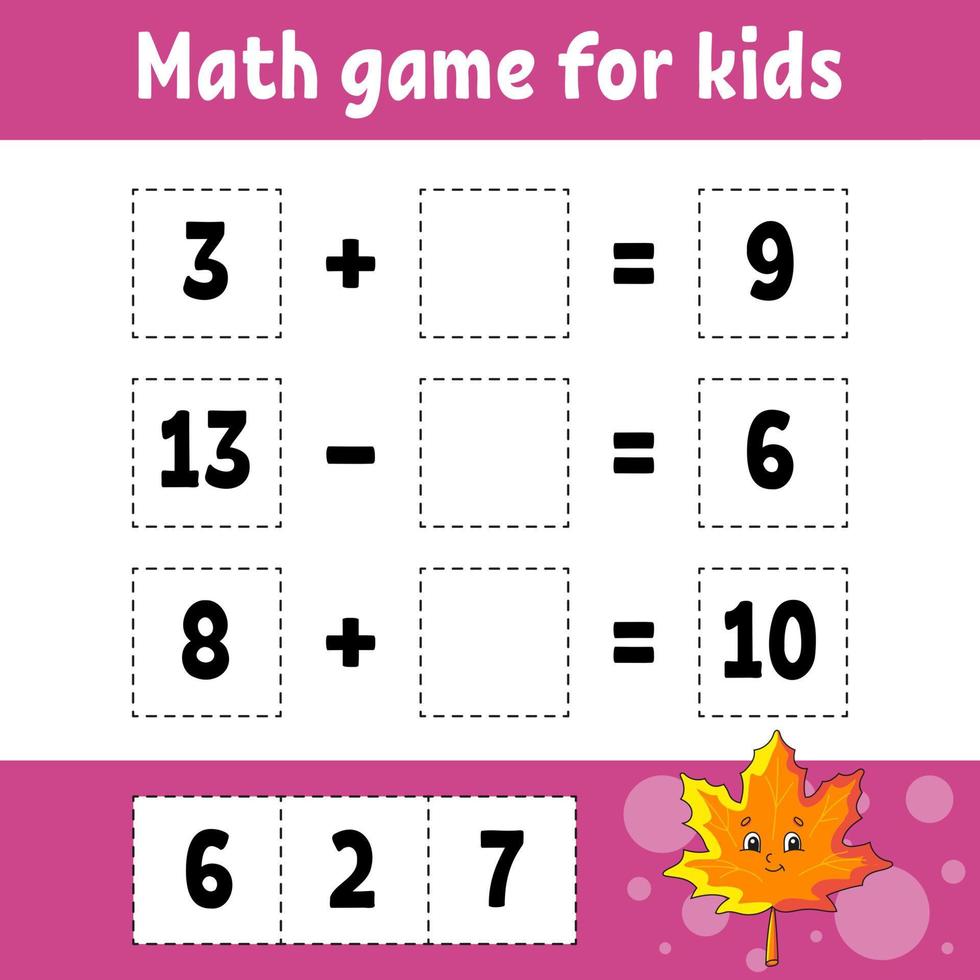 Math game for kids. Education developing worksheet. Activity page with pictures. Game for children. Color isolated vector illustration. Funny character. Cartoon style.