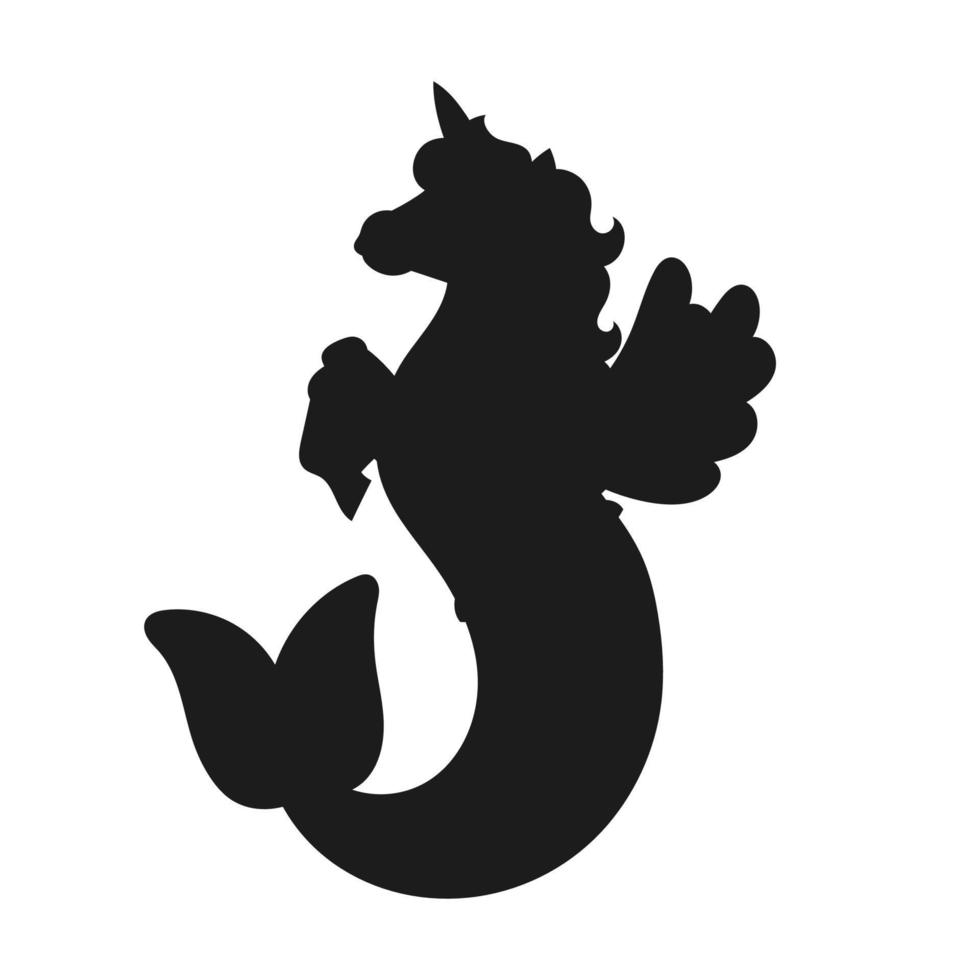 Black silhouette. Cute mermaid unicorn. Vector illustration isolated on white background. Design element. Template for your design, books, stickers, posters, cards, child clothes.