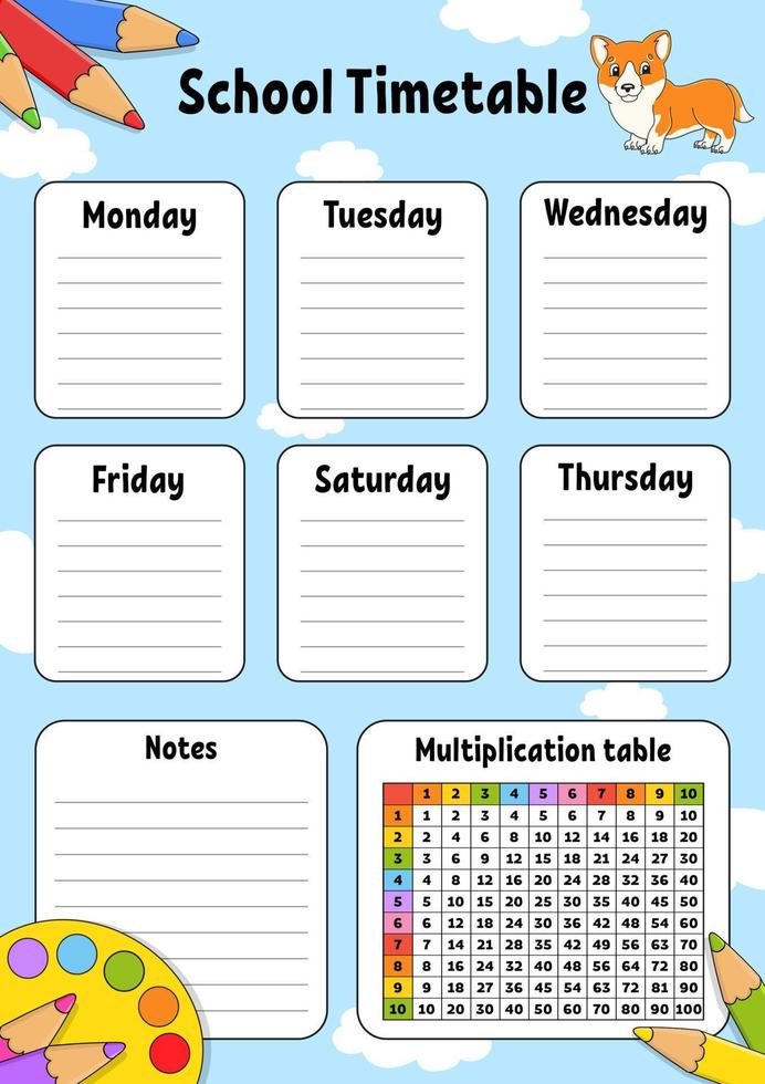 School timetable with multiplication table. For the education of children. Isolated on a white background. With a cute cartoon character. vector