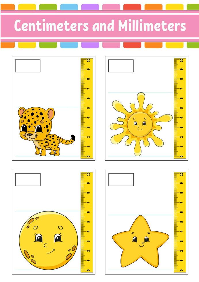 Measuring length in centimeter and millimeter. Education developing worksheet. Game for kids. Color activity page. Puzzle for children. Cute character. Vector illustration. cartoon style.