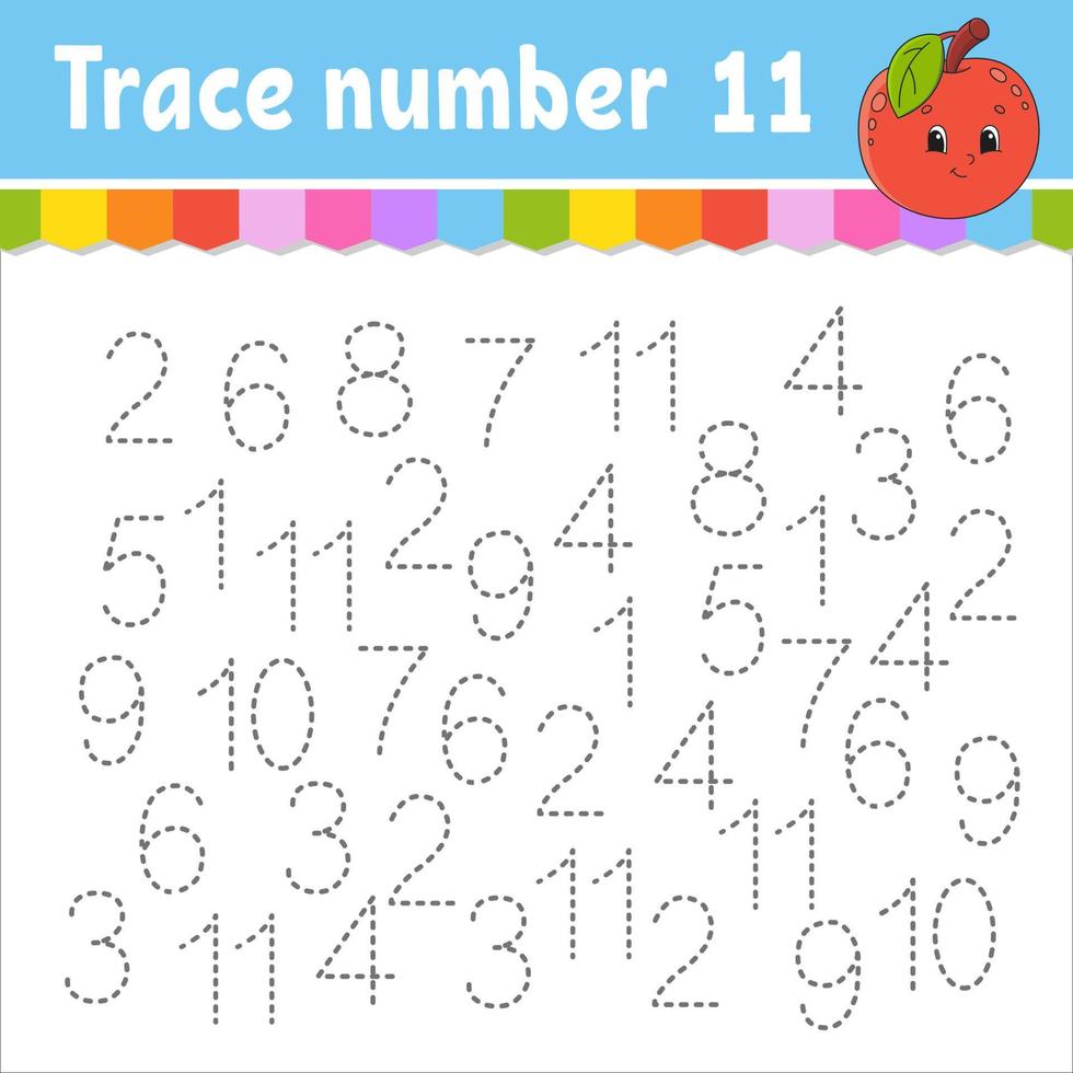 Trace number . Handwriting practice. Learning numbers for kids. Education developing worksheet. Activity page. Game for toddlers and preschoolers. Isolated vector illustration in cute cartoon style.