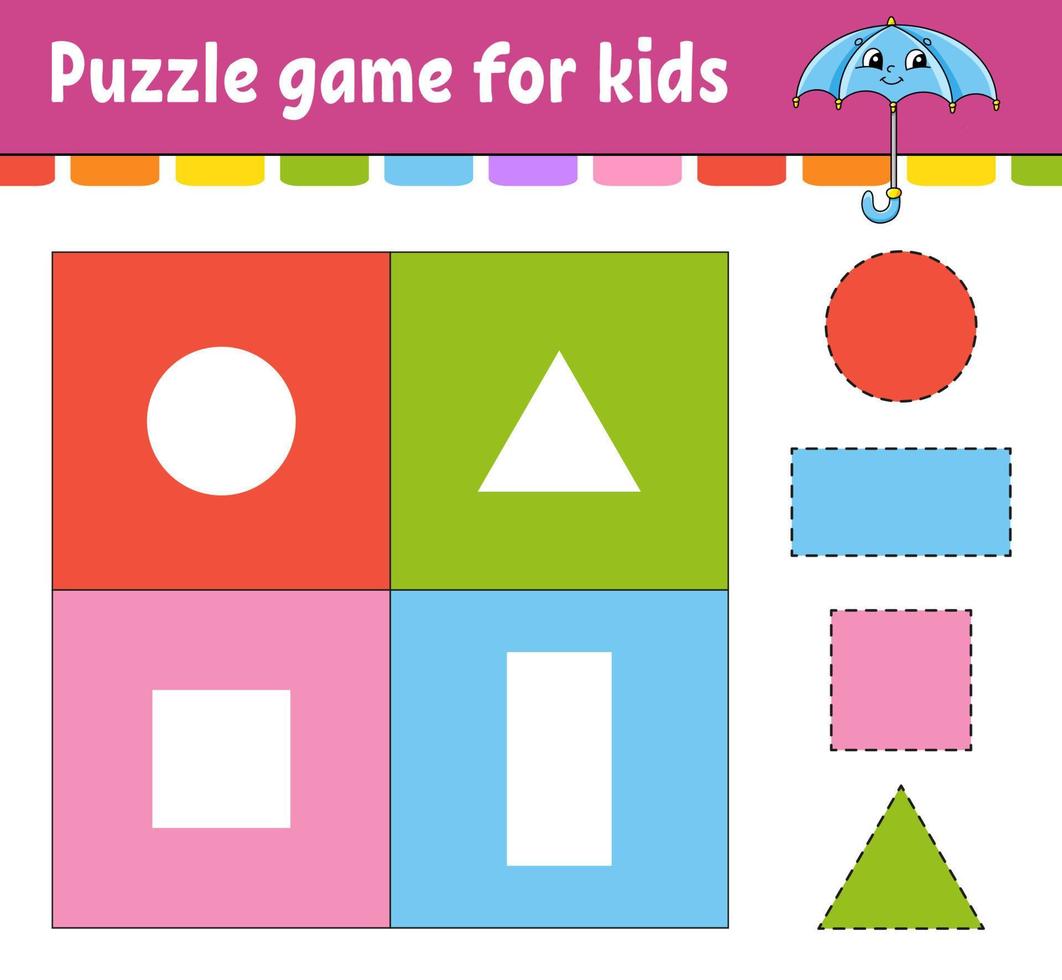 Puzzle game for kids. Cut and paste. Cutting practice. Learning shapes. Education worksheet. Circle, square, rectangle, triangle. Activity page. Cartoon character. vector