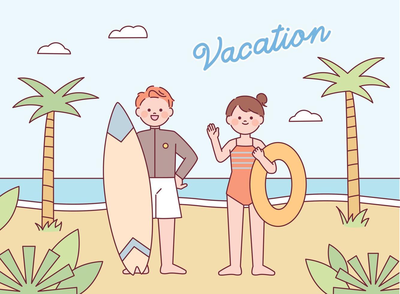 Summer vacation poster. Cute man and woman greeting each other with surfboards and swimming tubes. Tropical island background. vector