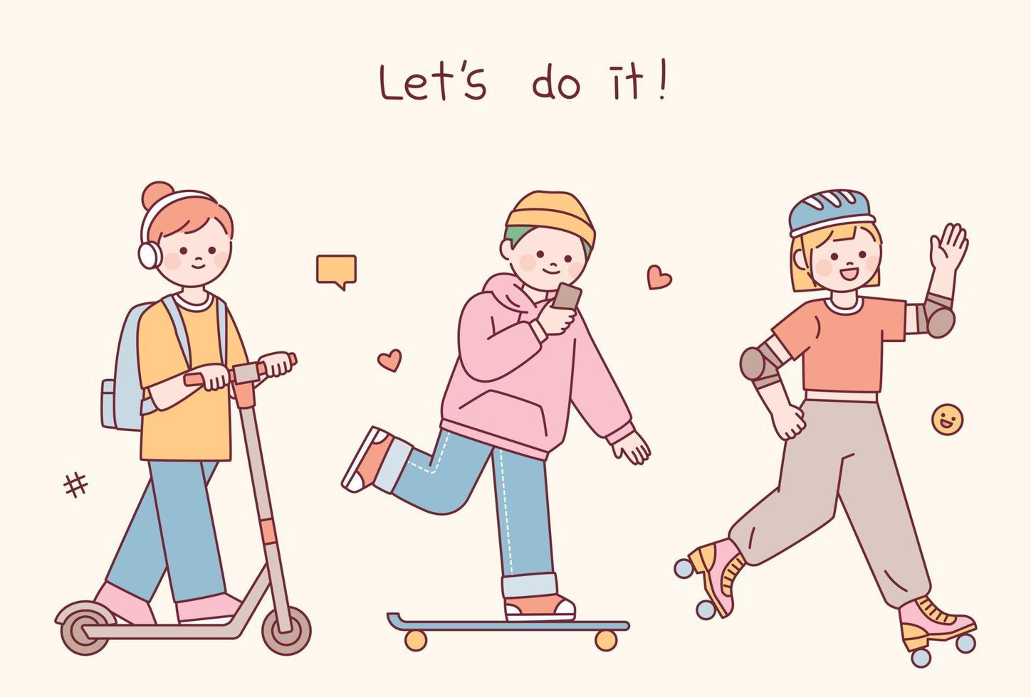 A girl wearing headphones and riding a scooter, a boy wearing a hoodie and looking at a cell phone and skateboarding, a girl wearing safety gear and roller skating. vector