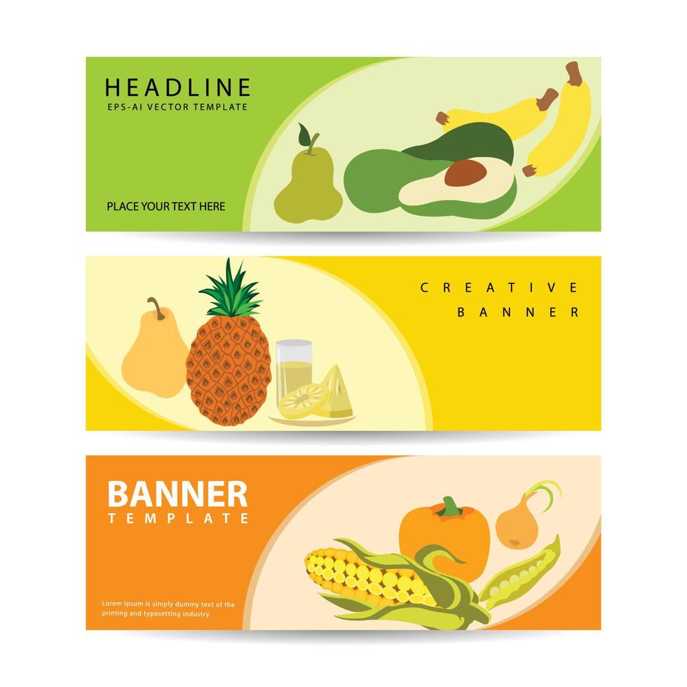 Set fruit product horizontal banner with place for text promotion market vector flat illustration