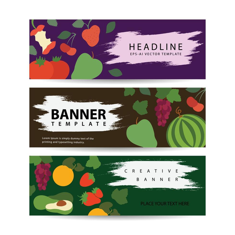 Set fruits products horizontal banner with place for text vector flat illustration