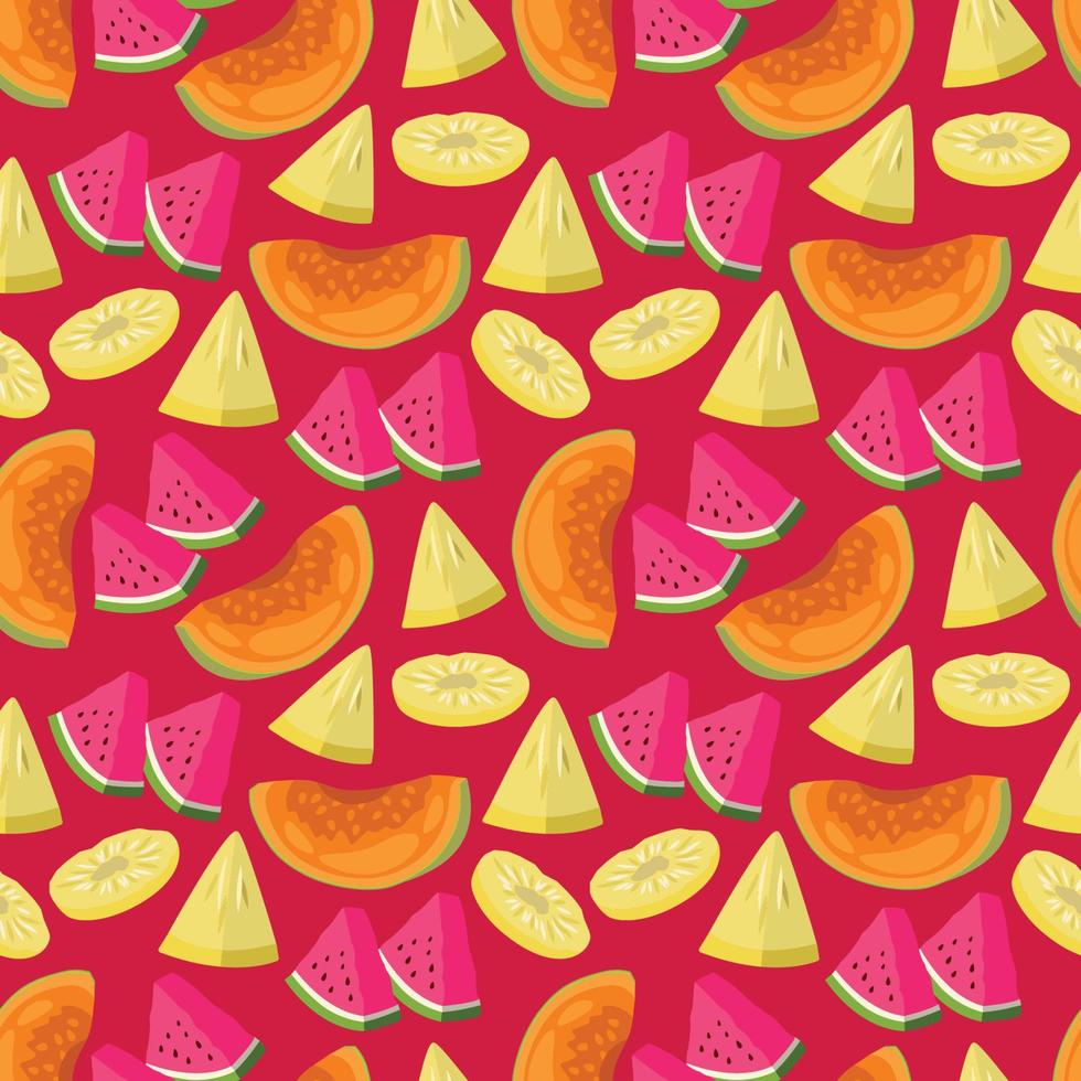 Vector tropical fruit background with watermelon, banana, papaya. Summer exotic fruit. Seamless pattern texture design.