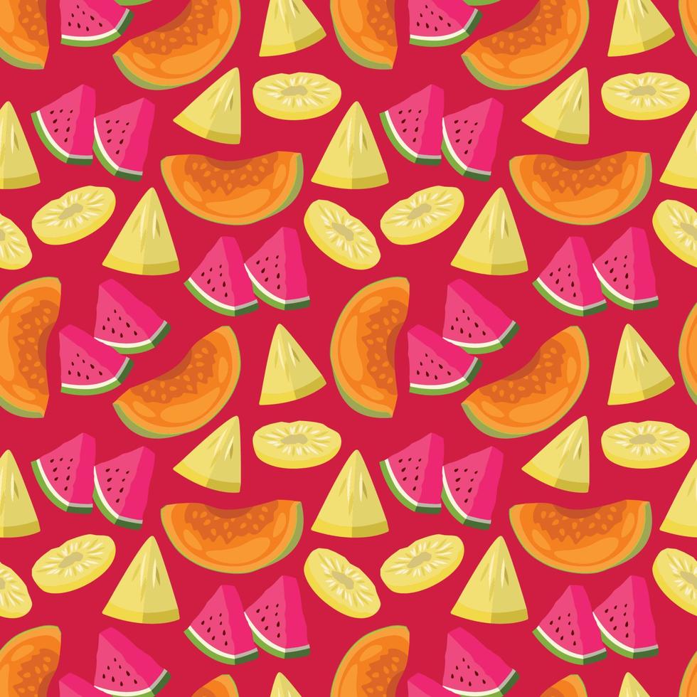 Vector tropical fruit background with watermelon, banana, papaya. Summer exotic fruit. Seamless pattern texture design.