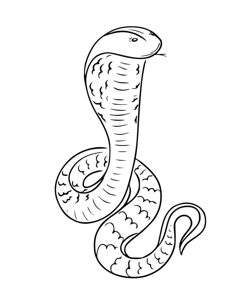 Linear hand-drawn cobra icon, with tongue sticking out. Vector venomous snake. Black and white illustration of a reptile