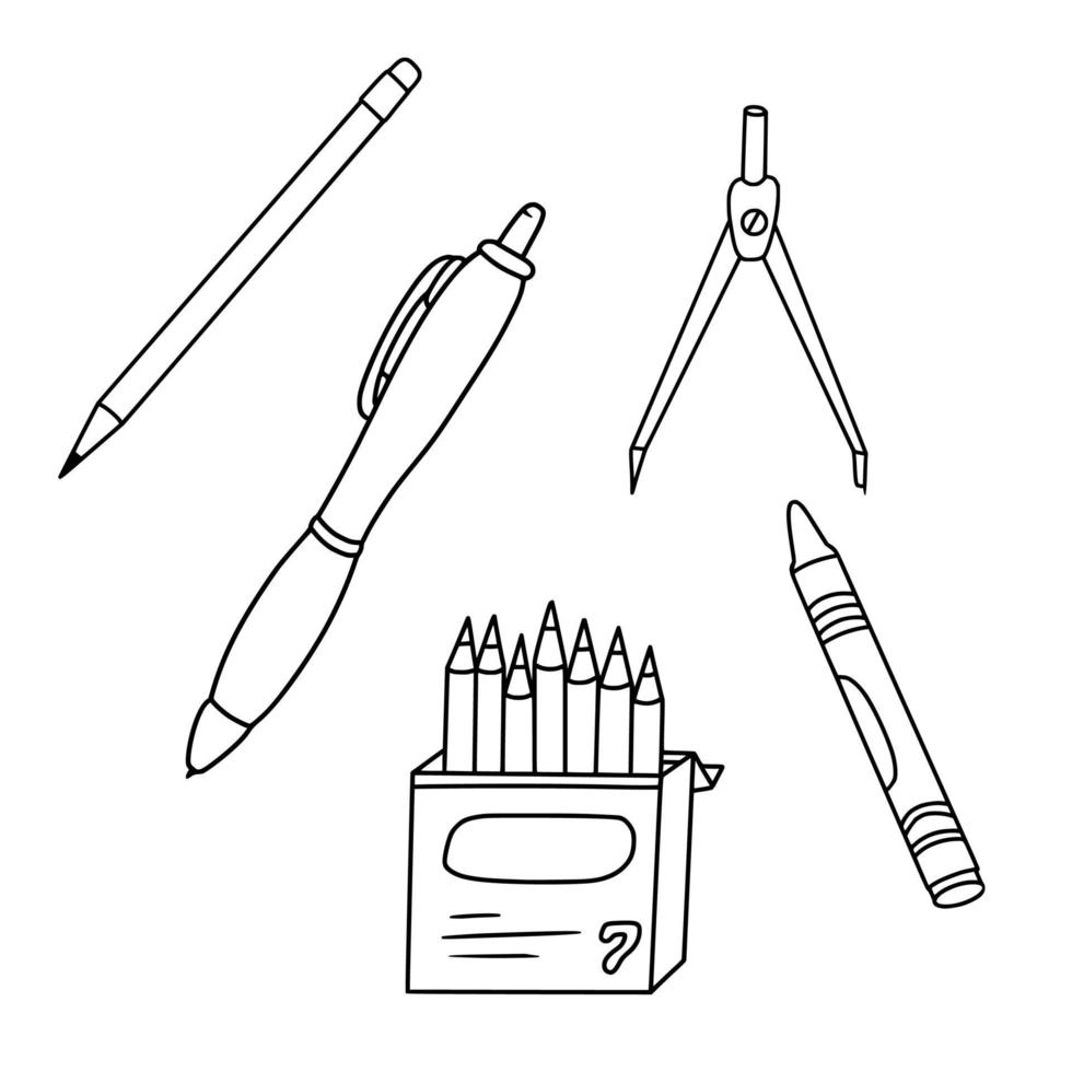 Writing stationery set, ballpoint pen, pencil, colored pencils, wax crayons and compass. Set of school pens for writing. Back to school collection, drawn in a doodle black and white style vector