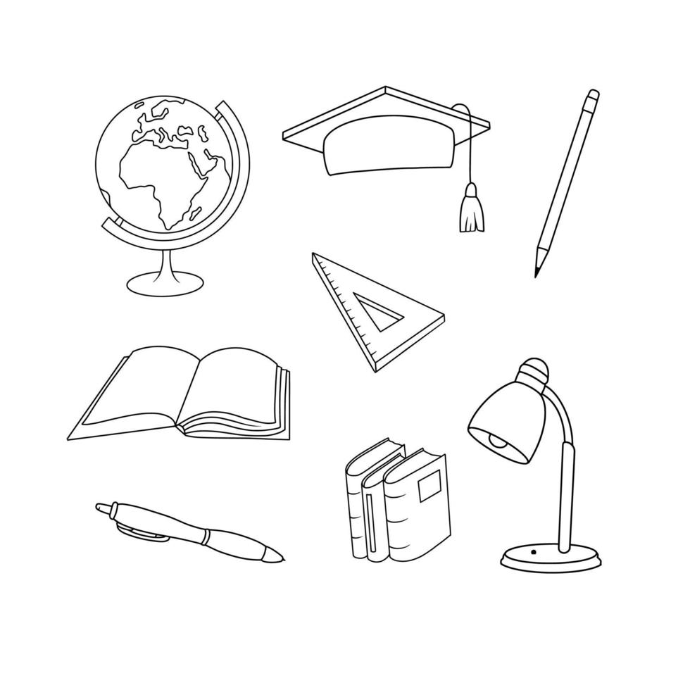 papelería para estudiantes en estilo doodle. colección de regreso a la escuela. objetos vectoriales en blanco y negro tocado académico, globo, lámpara de escritorio, libros, cuaderno, bolígrafo, triángulo de regla, lápiz. vector