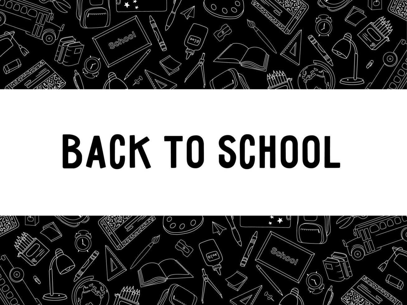 Black and white back to school banner made of doodle elements. School banner for students for the beginning of the school year. Vector hand-drawn illustration with editable text.