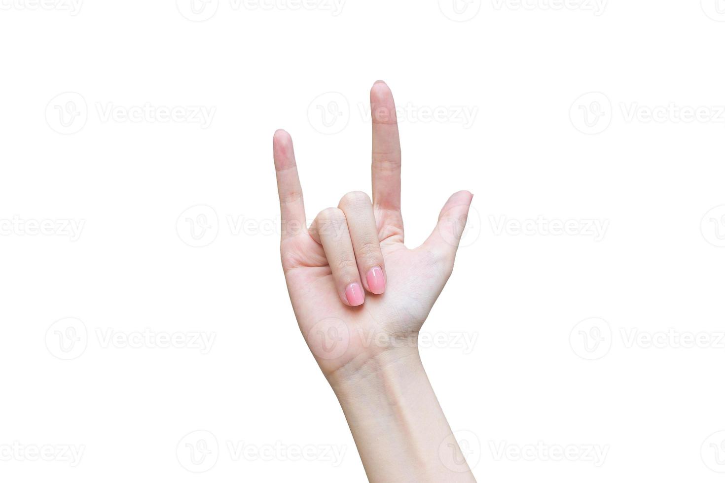 Female fingers and hands while acts sign as I love you symbol on isolated white background. photo