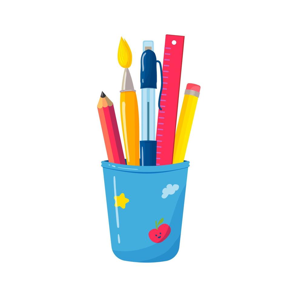 taza de escuela u oficina para bolígrafos y lápices. Ilustración de vector plano colorido. portabolígrafos, pinceles, lápices y regla.