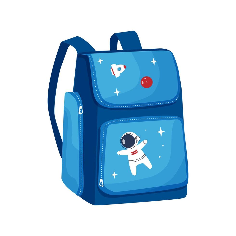 colorido icono plano de mochila escolar. mochila azul con imagen espacial, cremalleras aisladas en fondo blanco. ilustración vectorial vector