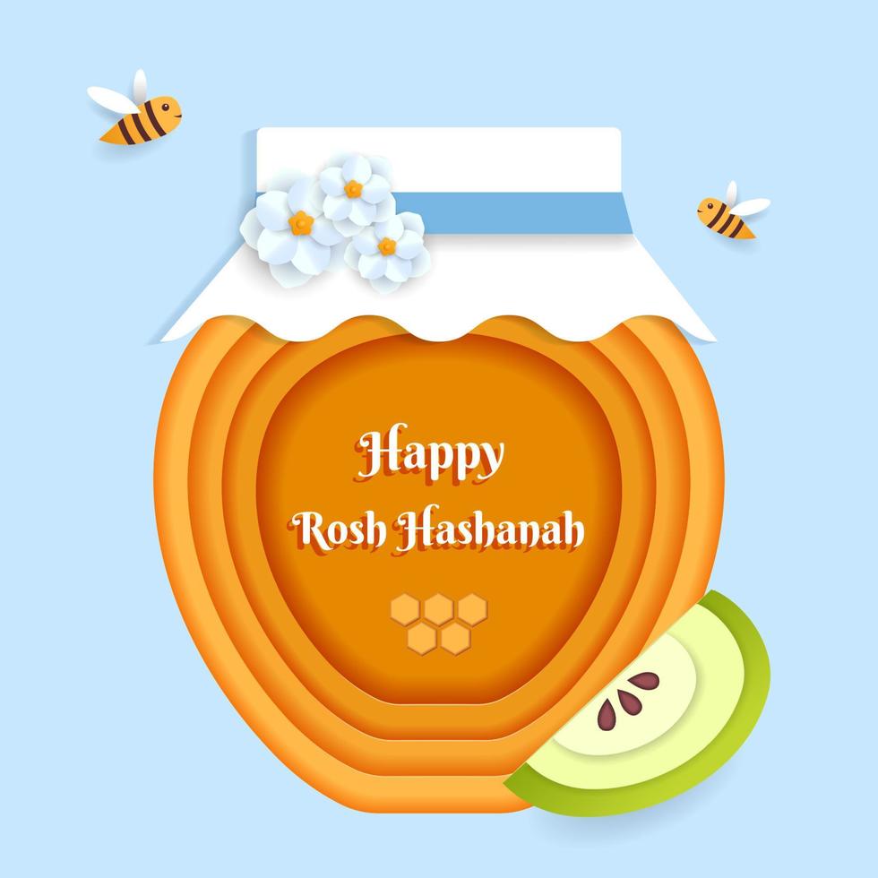 Rosh Hashanah greeting banner with symbols of Jewish New Year holiday honey, apple, paper flowers, and flying bees. Paper cut vector template.