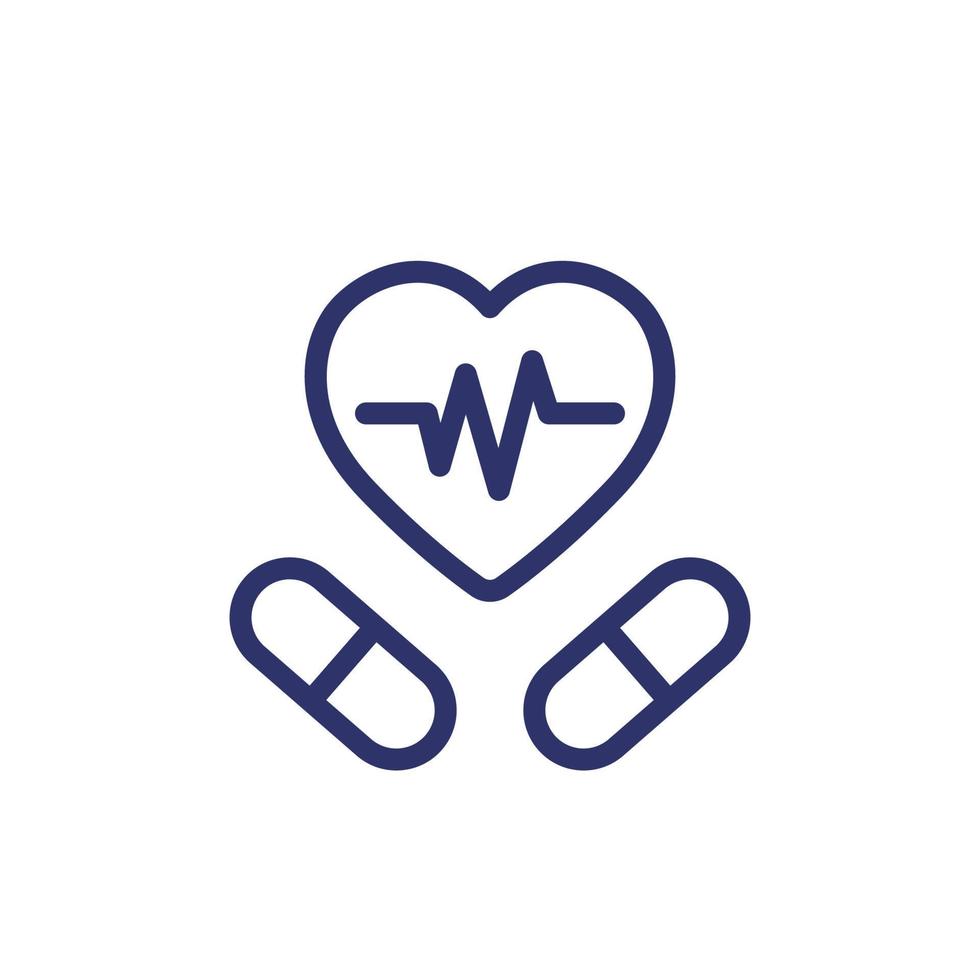 píldoras para el corazón, icono de la línea de medicamentos cardíacos vector