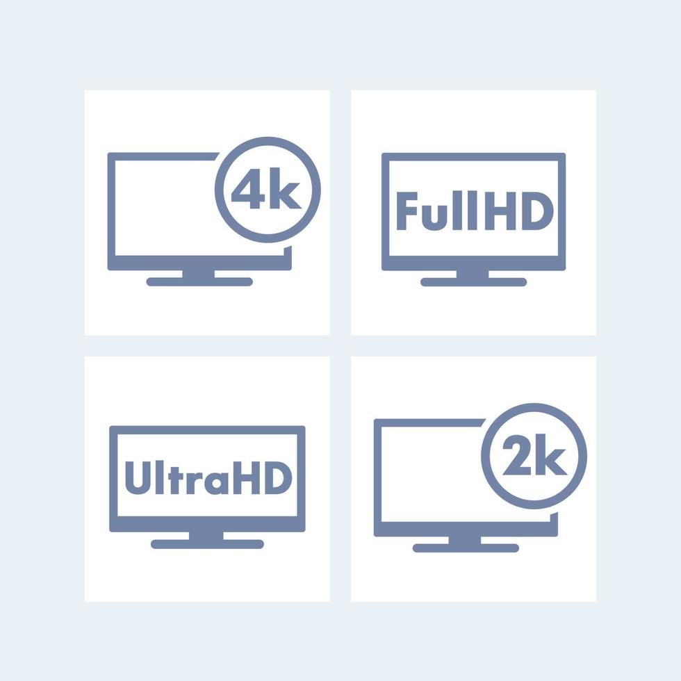 High Definition icons, tags, Full HD, Ultra HD, 2k, 4k, tv vector