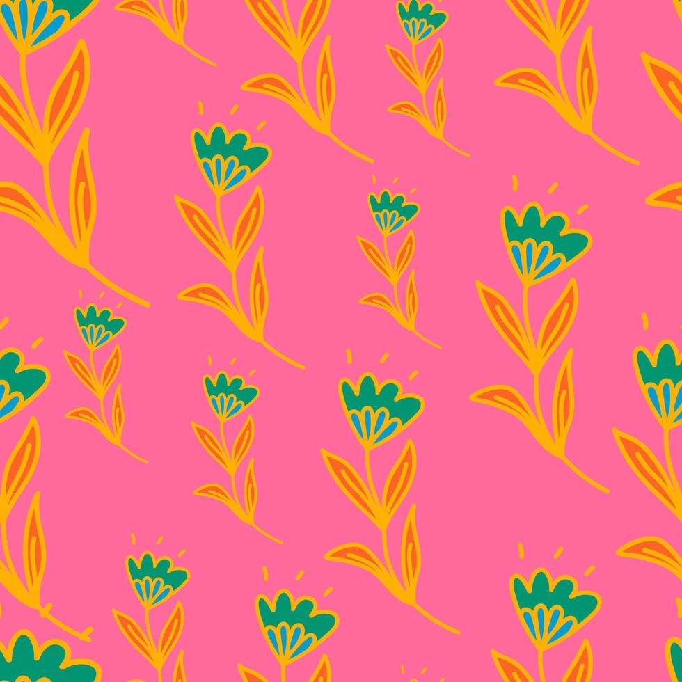 Cute flower seamless pattern in stylized folk style. Hand drawn elegant botanical background. vector