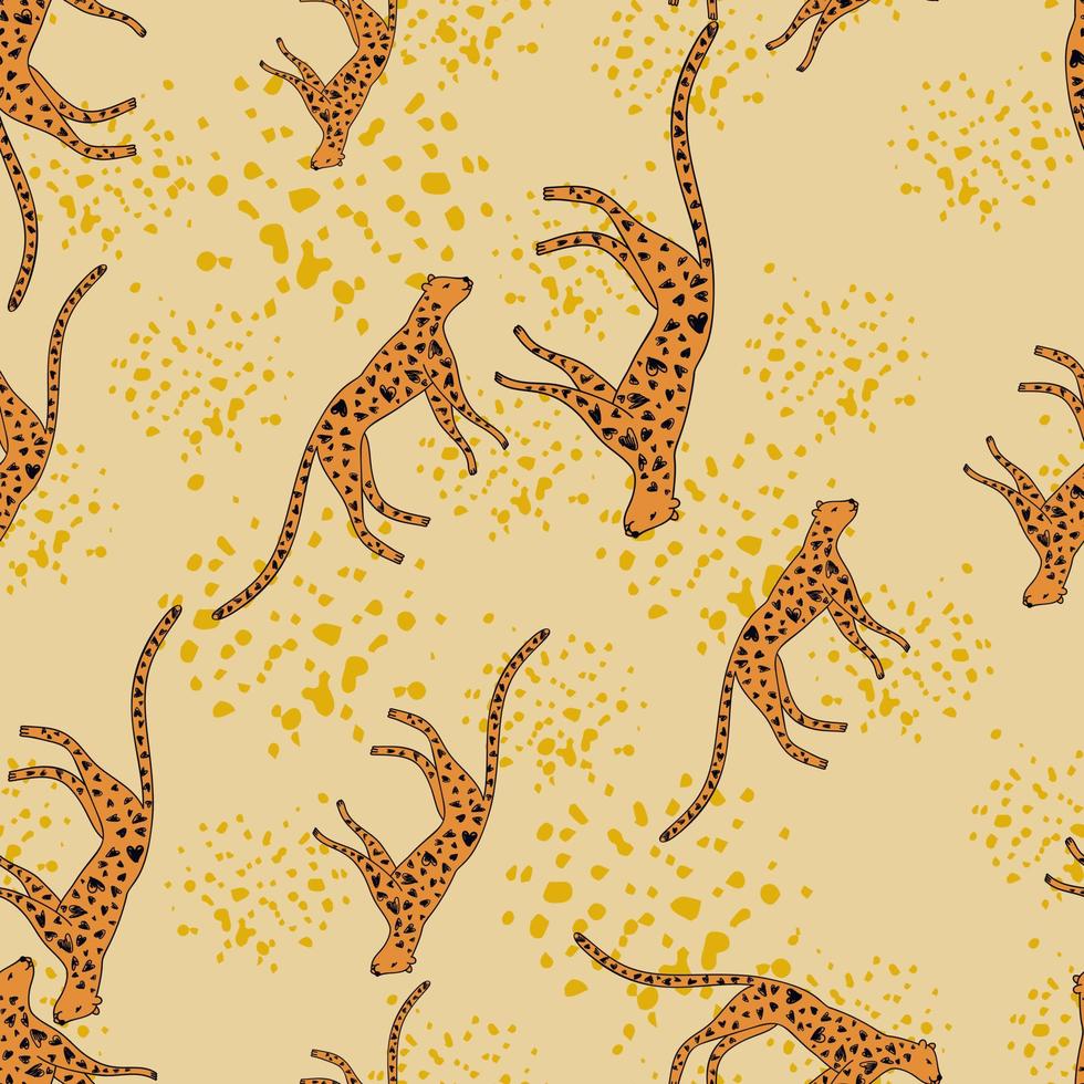 Hand drawn cute leopard seamless pattern. Doodle cheetah endless wallpaper. vector