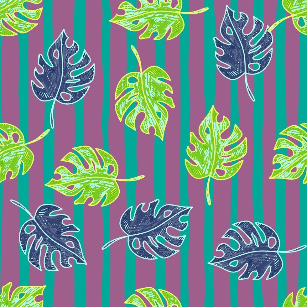 Scribble monstera leaves tropical seamless pattern. Hand drawn exotic hawaiian jungle backdrop. Rainforest background. vector