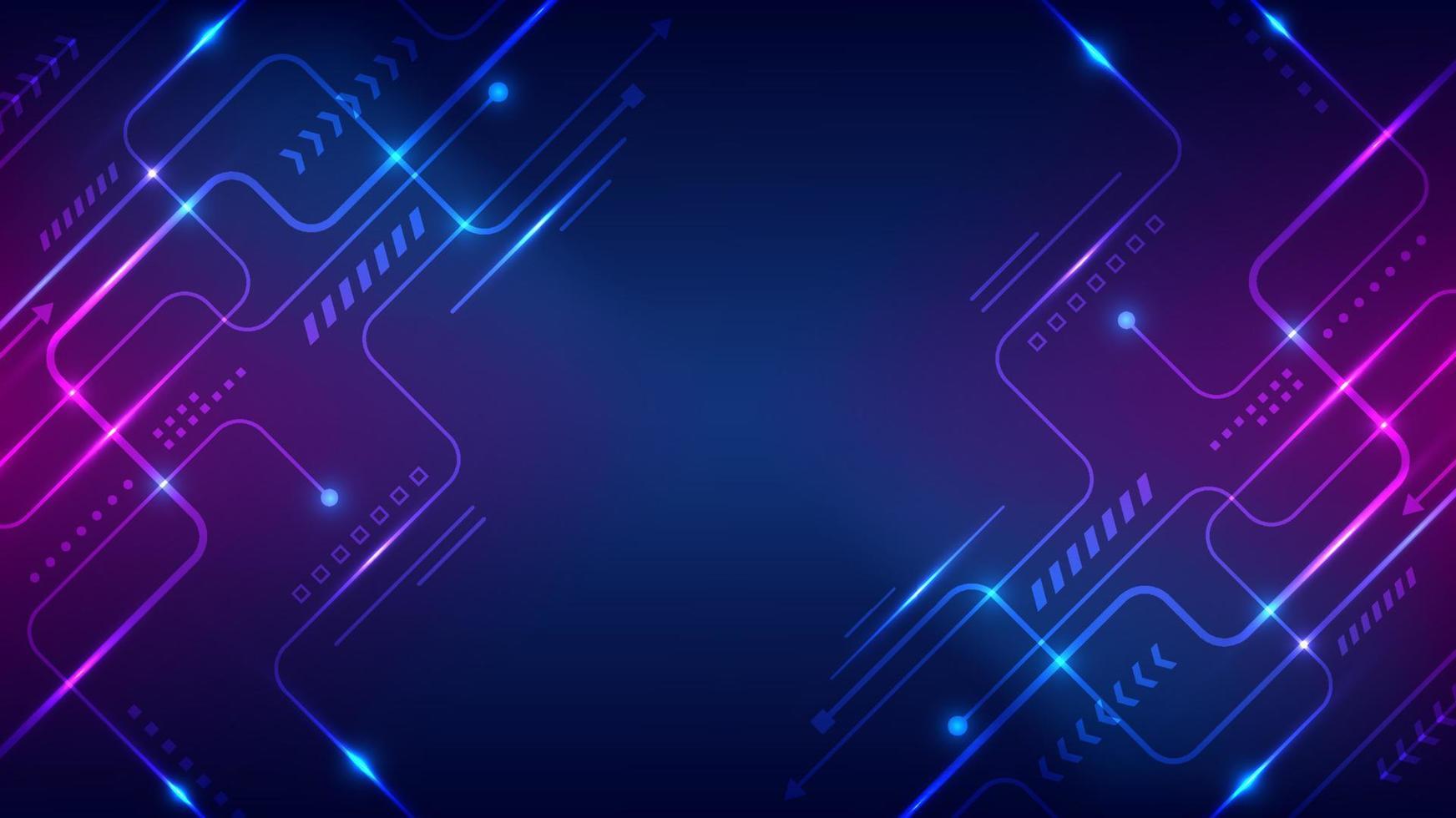 Abstract technology connection data concept circuit lines board with nodes and geometric elements lighting effect on blue background vector