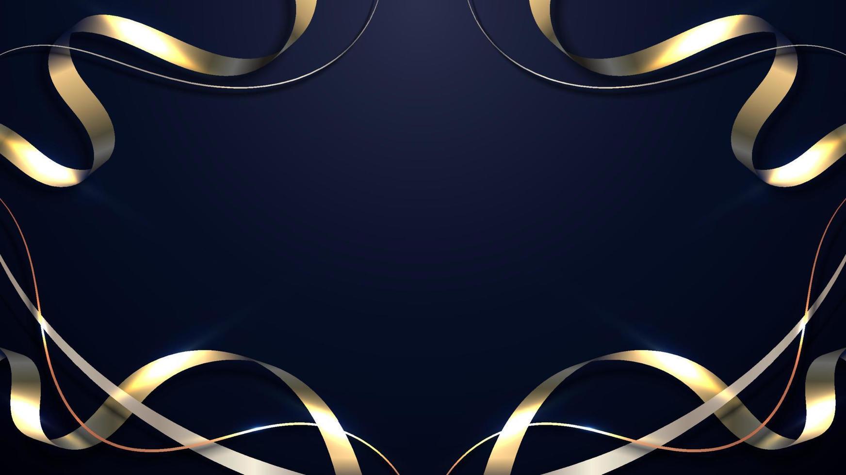 Abstract 3D elegant golden ribbon wave curved lines frame and lighting effect on dark blue background vector