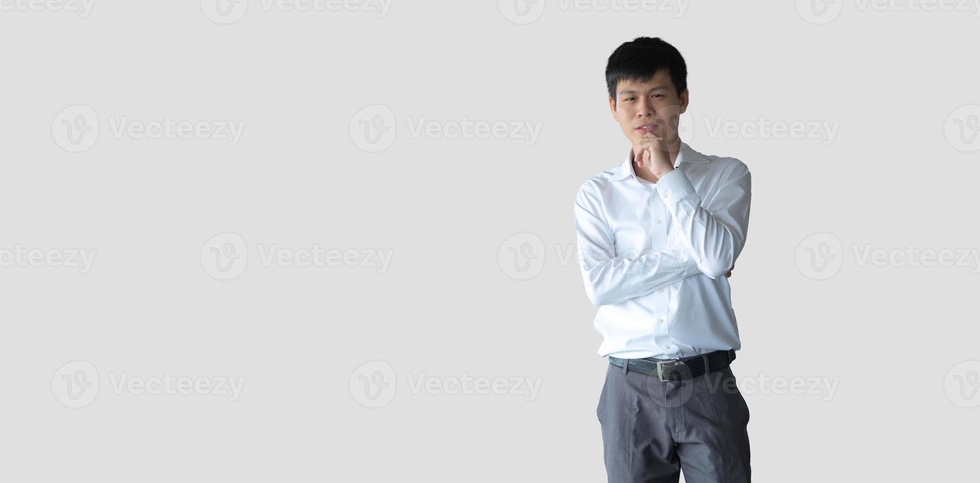 Businessman manager casual formal wear white shirt look at camera arm crossed.Male young adult portrait smart handsome idea work job occupation professional.White isolate studio background copy space photo