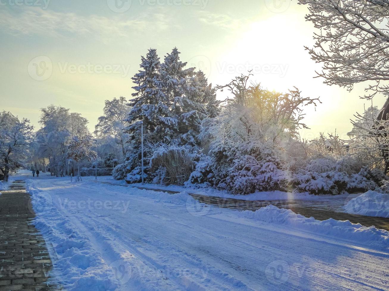Snowy winter snow and ice landscape panorama view Bremerhaven Germany. photo