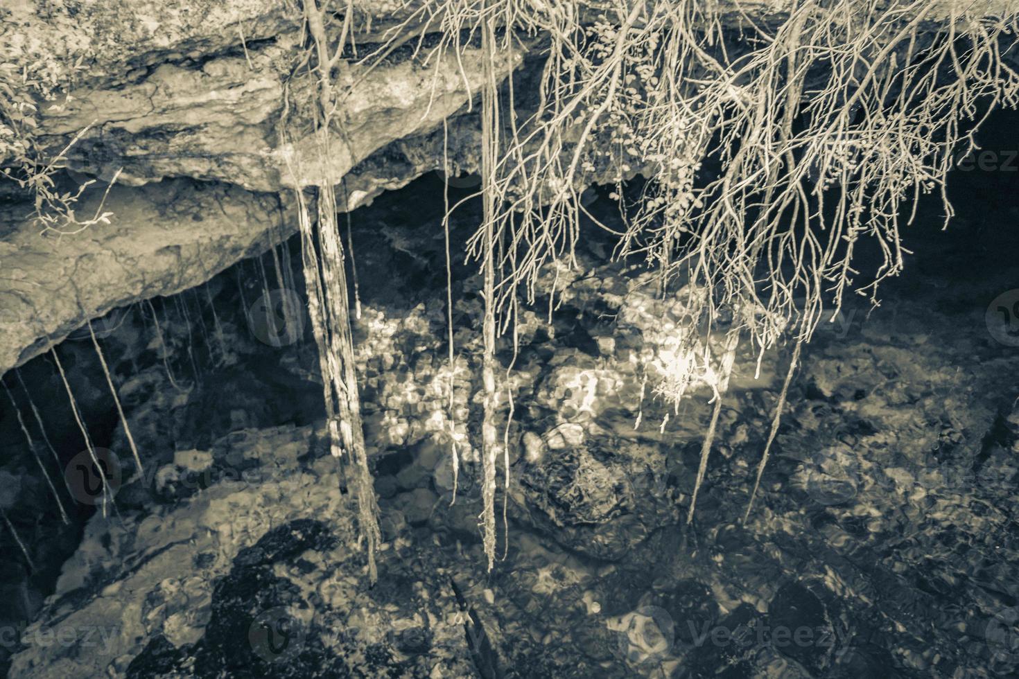 Blue turquoise water limestone cave sinkhole cenote Tajma ha Mexico. photo