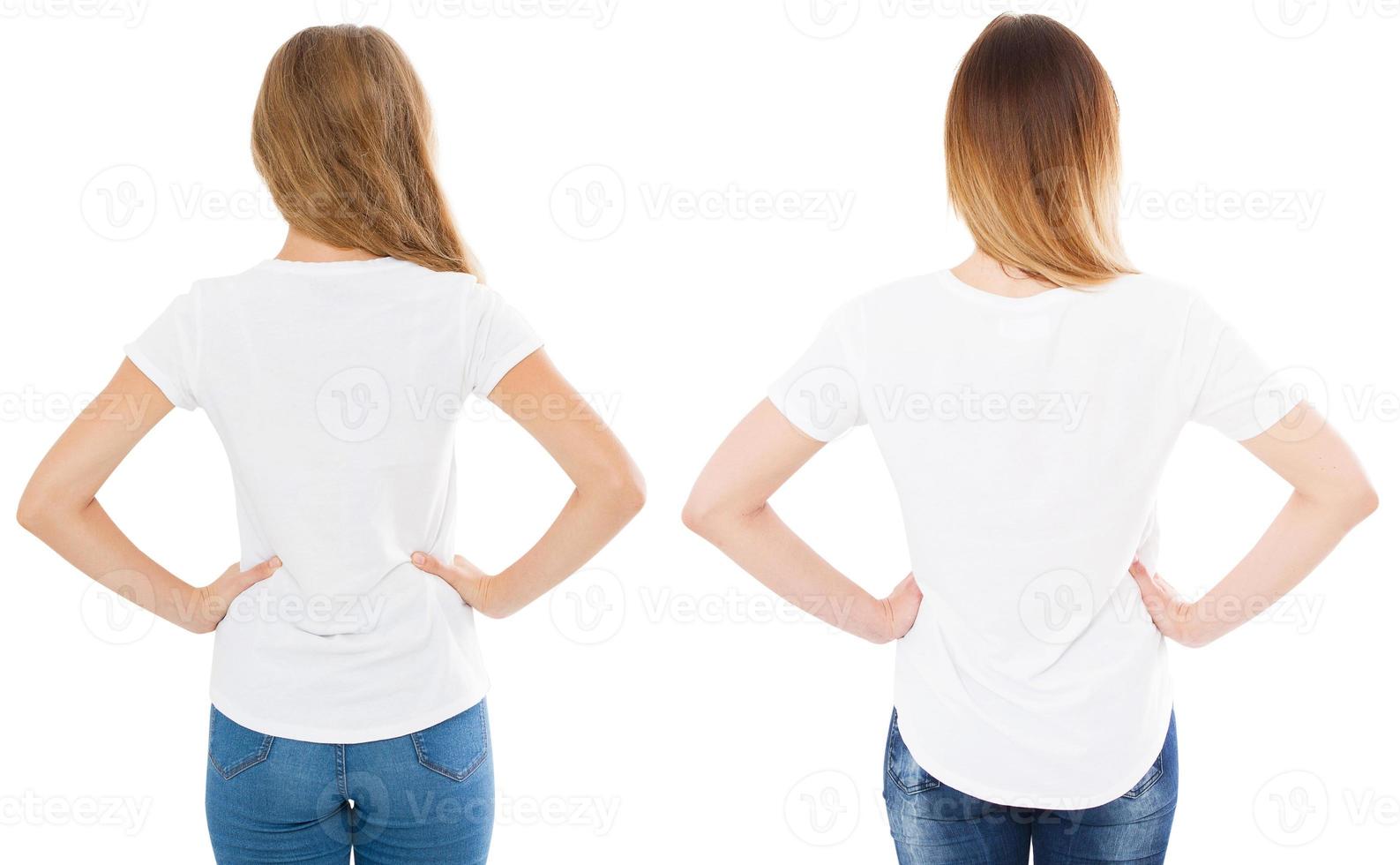 vistas traseras dos mujeres en camiseta aislada, camiseta de mujer foto