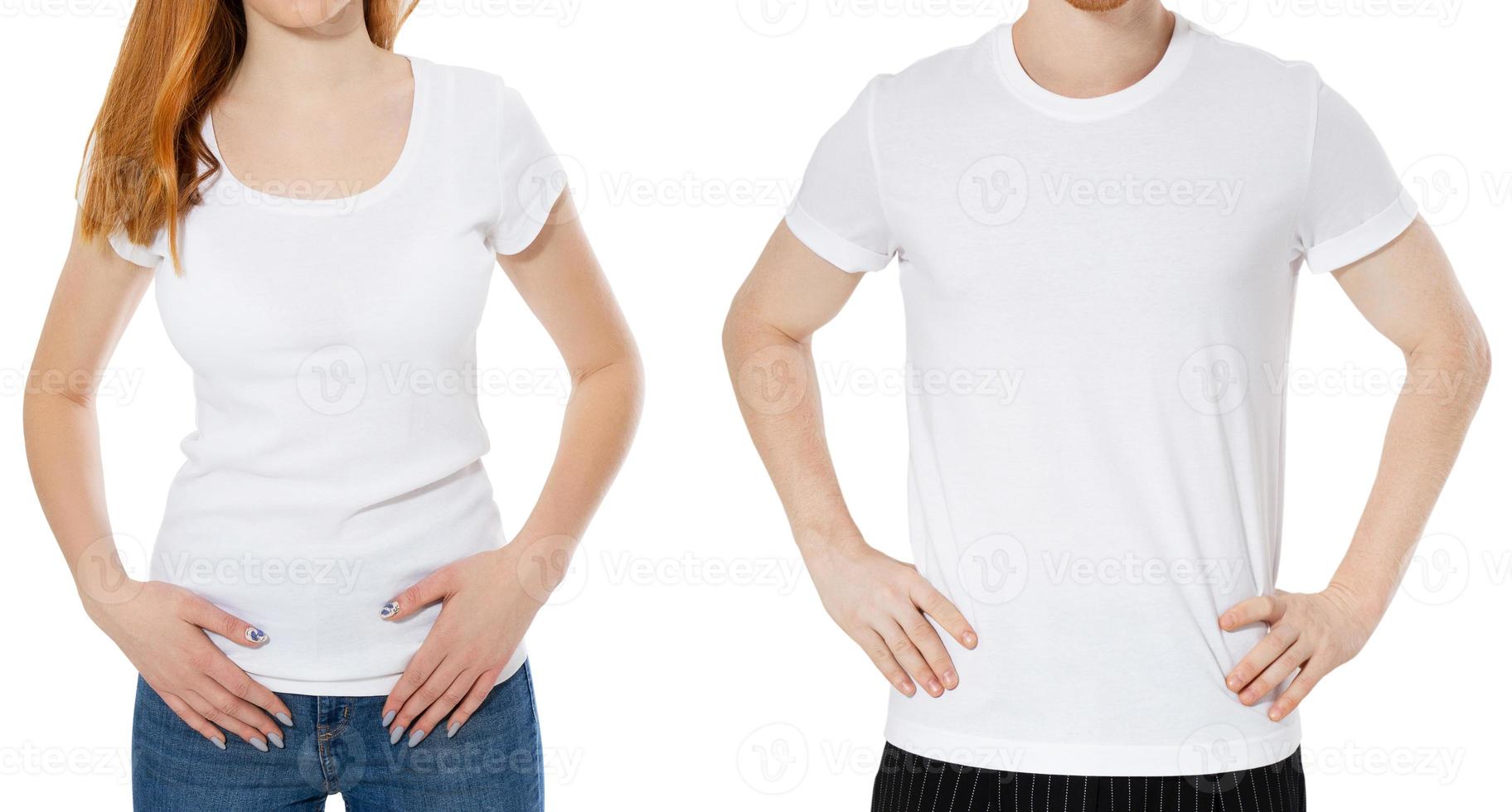 Close up Young male female people wearing t-shirts on white background photo